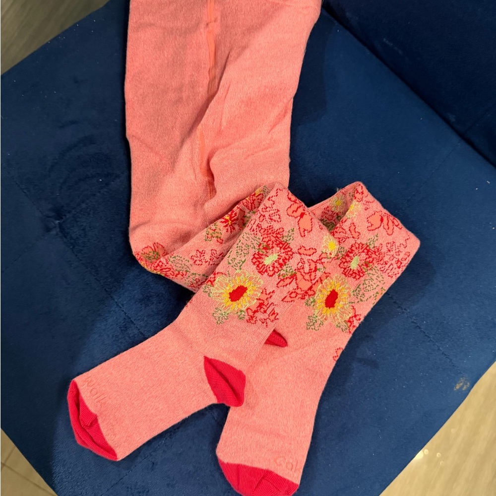 Girls' Coral Floral Knee-High Socks with Sunflower Accent